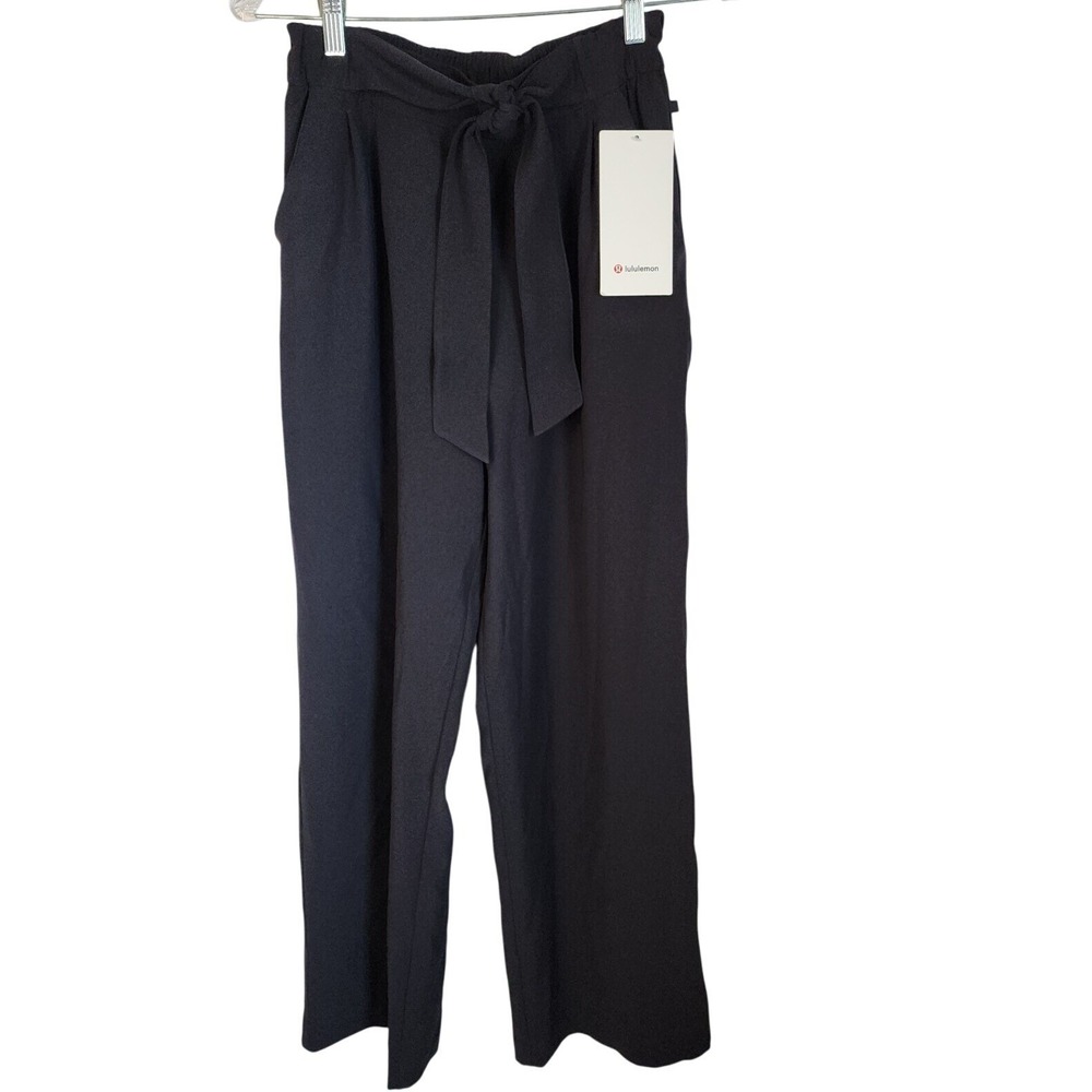 Lululemon Noir Pants Woven Black Wide Leg Tie Waist Trouser Sz 6‎ Travel Career